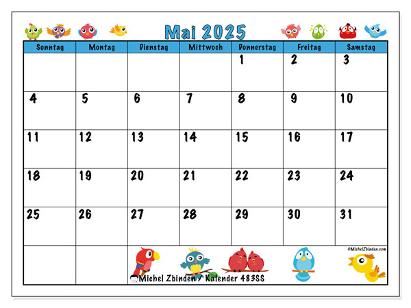 Kalender zum Ausdrucken, Mai 2025, 483SS