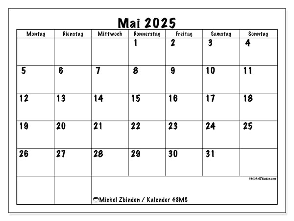 Kalender zum Ausdrucken, Mai 2025, 48MS