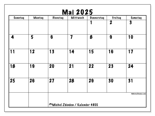 Kalender zum Ausdrucken, Mai 2025, 48SS