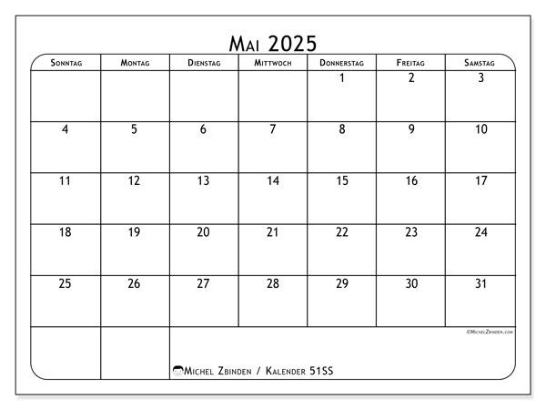 Kalender Mai 2025 “51”. Plan zum Ausdrucken kostenlos.. Sonntag bis Samstag