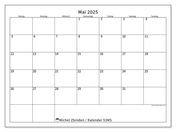Kalender Mai 2025, 53SS. Kalender zum Ausdrucken kostenlos.