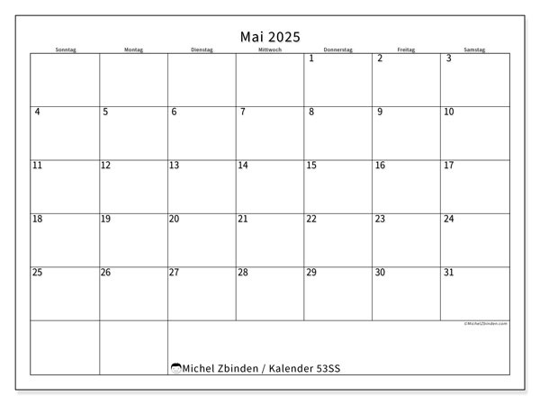 Kalender Mai 2025 “53”. Programm zum Ausdrucken kostenlos.. Sonntag bis Samstag