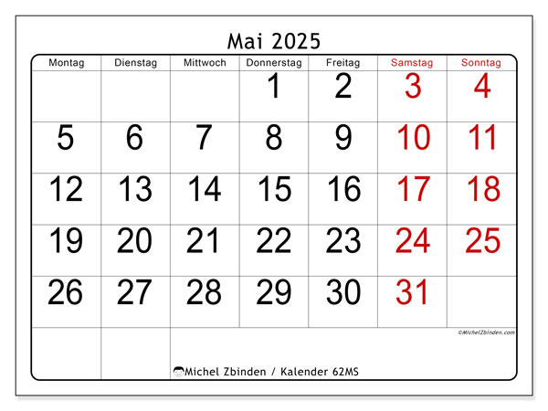 Kalender zum Ausdrucken, Mai 2025, 62MS