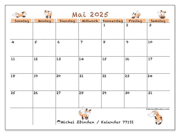 Kalender zum Ausdrucken, Mai 2025, 771SS
