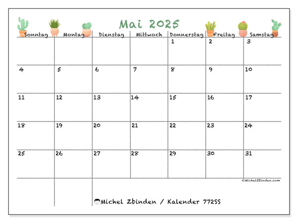 Kalender zum Ausdrucken, Mai 2025, 772SS