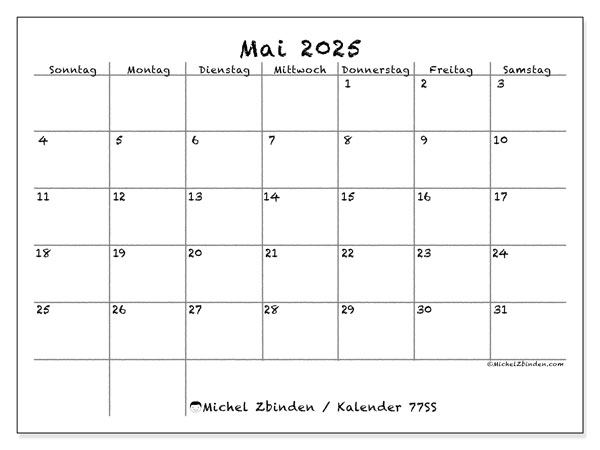 Kalender zum Ausdrucken, Mai 2025, 77SS