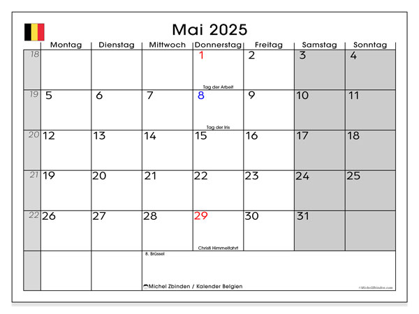 Kalendarz do druku, maj 2025, Belgia (DE)