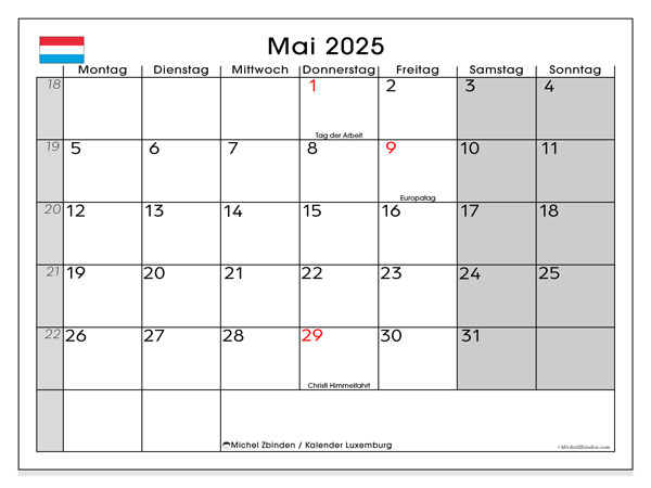 Kalendarz do druku, maj 2025, Luksemburg (DE)