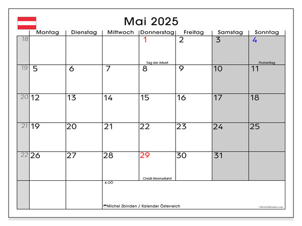 Kalender til udskrivning, maj 2025, Østrig