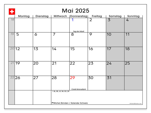 Kalender for utskrift, mai 2025, Sveits (DE)