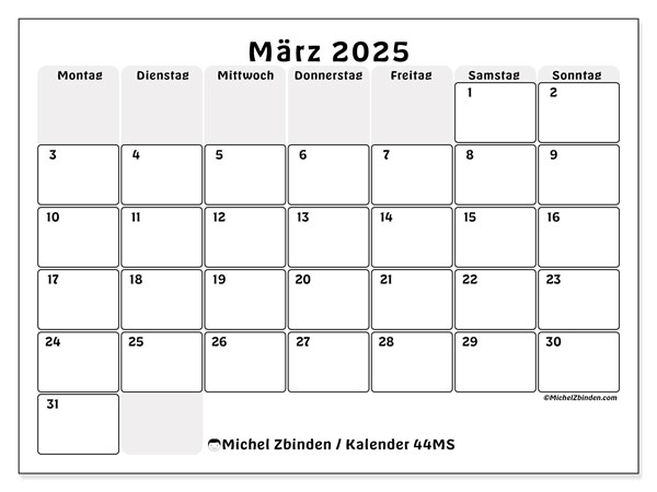 Kalender März 2025 “44”. Kalender zum Ausdrucken kostenlos.. Montag bis Sonntag