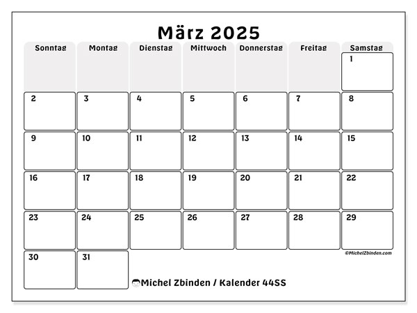 Kalender März 2025 “44”. Kalender zum Ausdrucken kostenlos.. Sonntag bis Samstag