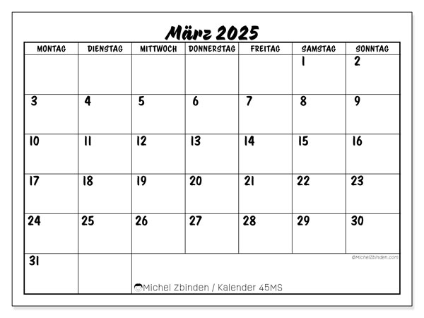 Kalender März 2025 “45”. Plan zum Ausdrucken kostenlos.. Montag bis Sonntag