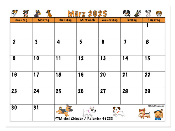 Kalender März 2025 “482”. Kalender zum Ausdrucken kostenlos.. Sonntag bis Samstag