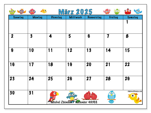 Kalender März 2025 “483”. Programm zum Ausdrucken kostenlos.. Sonntag bis Samstag