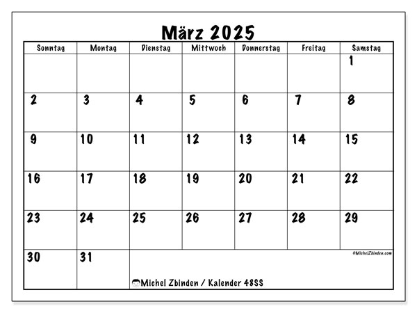 Kalender März 2025 “48”. Programm zum Ausdrucken kostenlos.. Sonntag bis Samstag