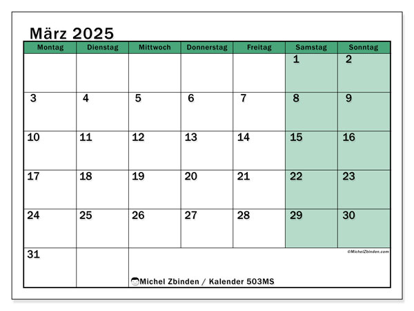 Kalender März 2025 “503”. Plan zum Ausdrucken kostenlos.. Montag bis Sonntag