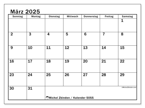 Kalender März 2025 “50”. Kalender zum Ausdrucken kostenlos.. Sonntag bis Samstag