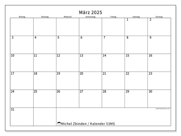 Kalender März 2025 “53”. Programm zum Ausdrucken kostenlos.. Montag bis Sonntag