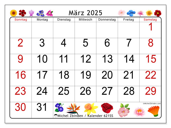Kalender März 2025 “621”. Kalender zum Ausdrucken kostenlos.. Sonntag bis Samstag