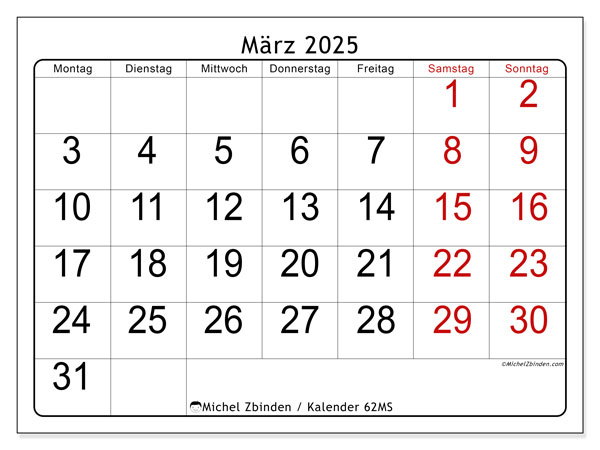 Kalender März 2025 “62”. Programm zum Ausdrucken kostenlos.. Montag bis Sonntag