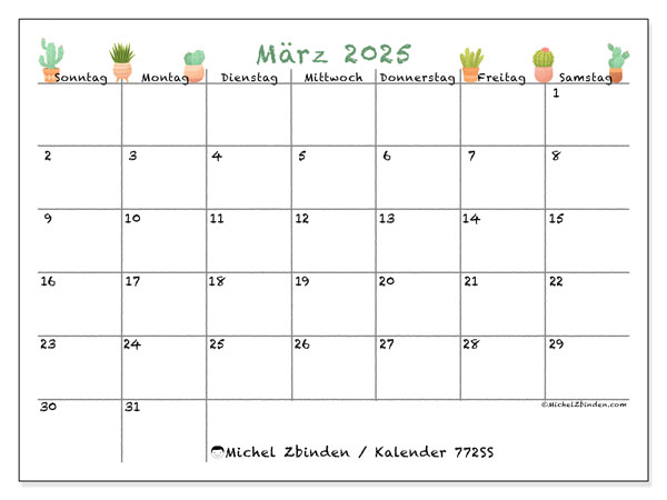 Kalender März 2025 “772”. Kalender zum Ausdrucken kostenlos.. Sonntag bis Samstag