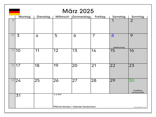 Kalendarz marzec 2025 “Niemcy”. Darmowy kalendarz do druku.. Od poniedziałku do niedzieli