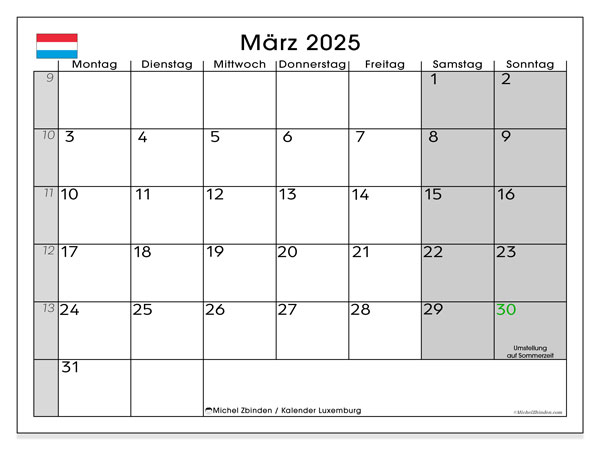 Kalendarz marzec 2025 “Luksemburg (DE)”. Darmowy kalendarz do druku.. Od poniedziałku do niedzieli