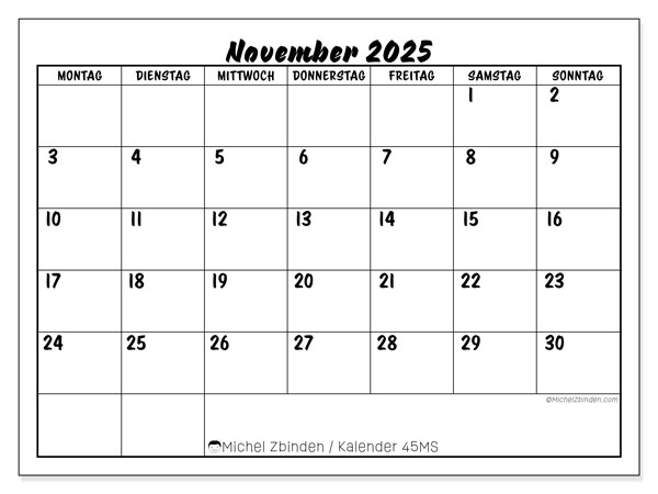 Kalender zum Ausdrucken, November 2025, 45MS