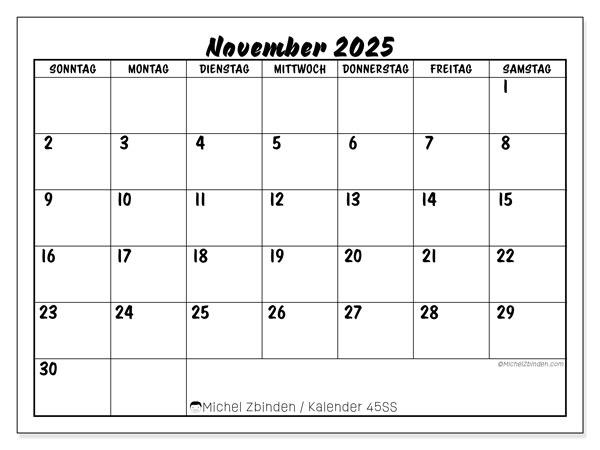 Kalender zum Ausdrucken, November 2025, 45SS
