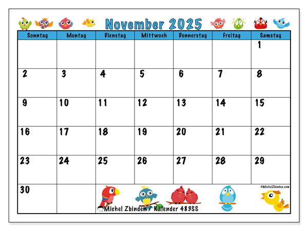 Kalender zum Ausdrucken, November 2025, 483SS