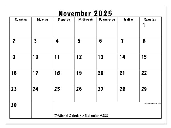 Kalender zum Ausdrucken, November 2025, 48SS