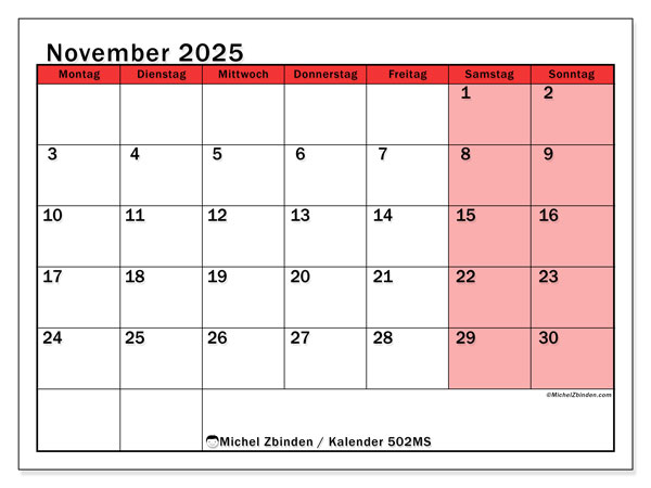 Kalender zum Ausdrucken, November 2025, 502MS