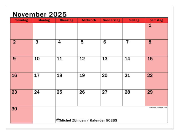 Kalender zum Ausdrucken, November 2025, 502SS