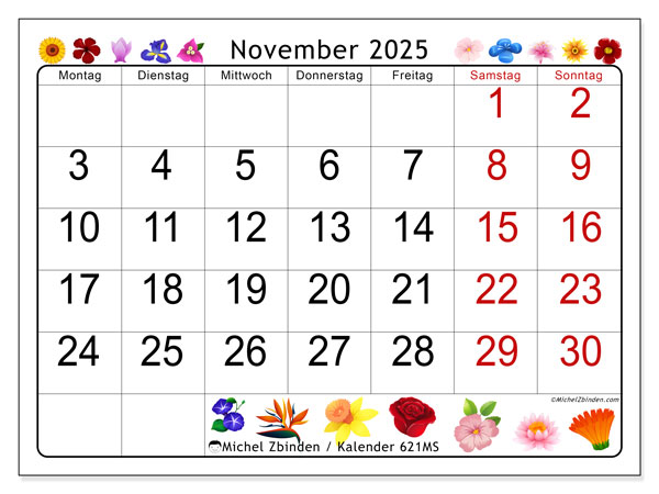 Kalender zum Ausdrucken, November 2025, 621MS