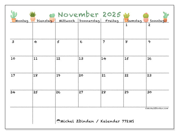 Kalender zum Ausdrucken, November 2025, 772MS