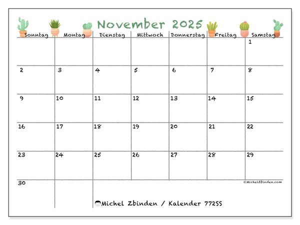 Kalender zum Ausdrucken, November 2025, 772SS