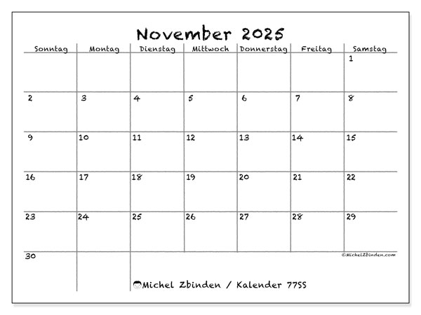 Kalender zum Ausdrucken, November 2025, 77SS