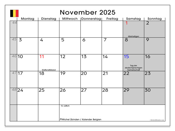 Kalendarz do druku, listopad 2025, Belgia (DE)