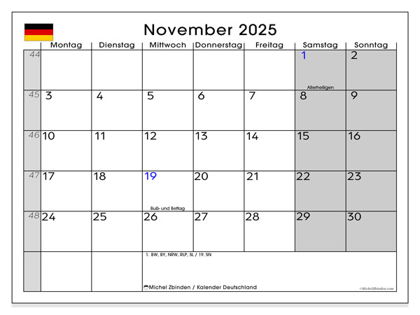 Tulostettava kalenteri, marraskuu 2025, Saksa (DE)