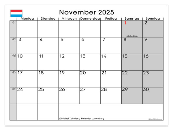 Calendrier à imprimer, noiembrie 2025, Luxemburg (DE)