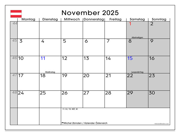 Tulostettava kalenteri, marraskuu 2025, Itävalta (DE)