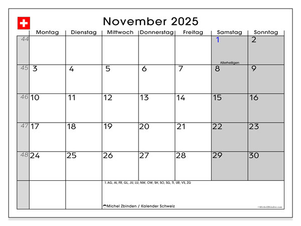 Kalender for utskrift, november 2025, Sveits (DE)