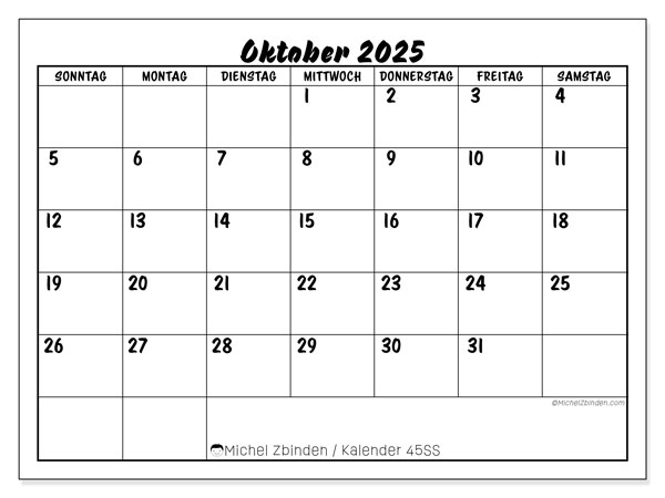Kalender zum Ausdrucken, Oktober 2025, 45SS