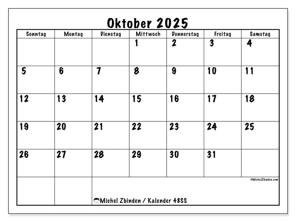 Kalender zum Ausdrucken, Oktober 2025, 48SS