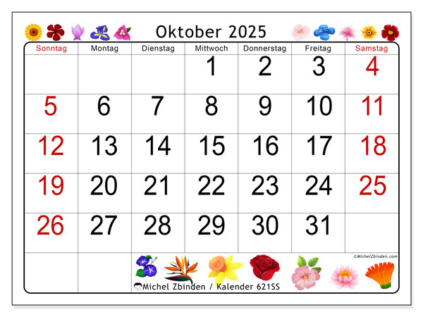 Kalender zum Ausdrucken, Oktober 2025, 621SS