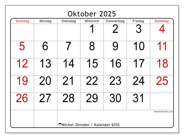 Kalender zum Ausdrucken, Oktober 2025, 62SS