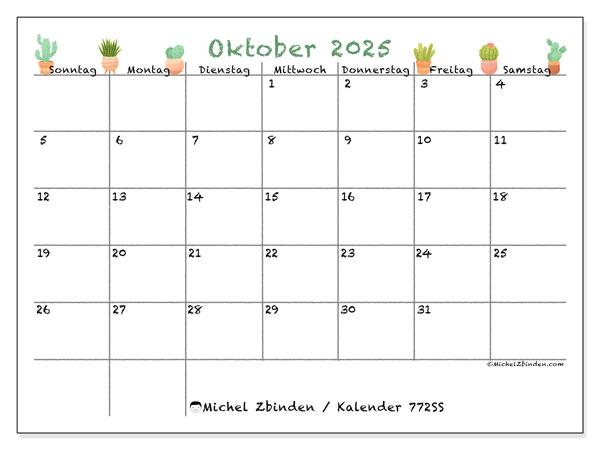Kalender zum Ausdrucken, Oktober 2025, 772SS