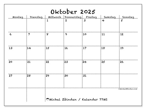 Kalender zum Ausdrucken, Oktober 2025, 77MS