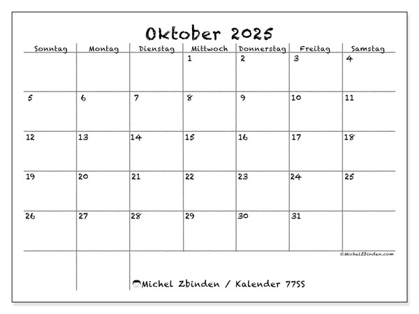 Kalender zum Ausdrucken, Oktober 2025, 77SS
